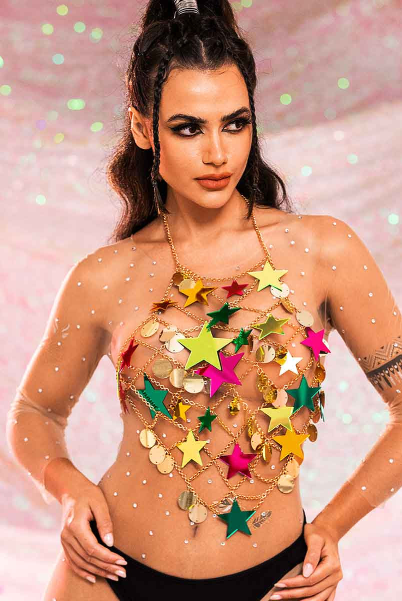 Metal Chain Colorful Star Sequin Halter Top