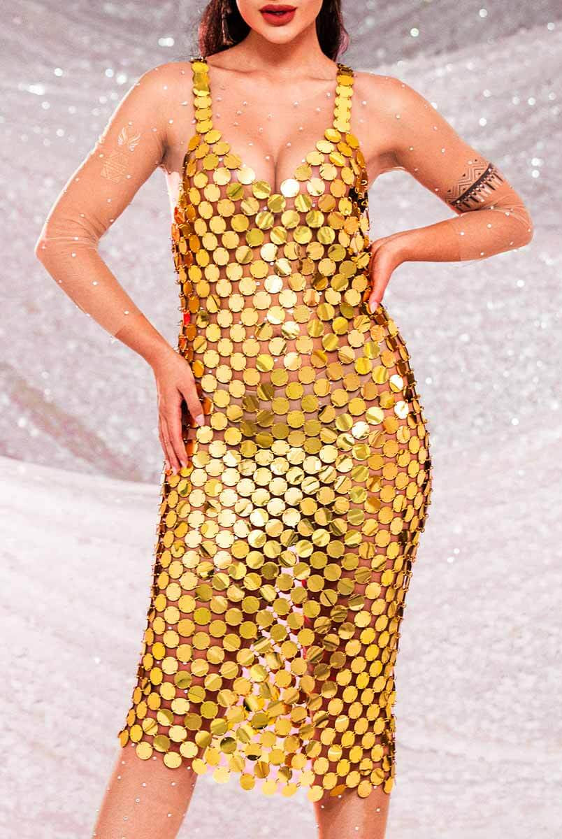 gold sequin midi dress