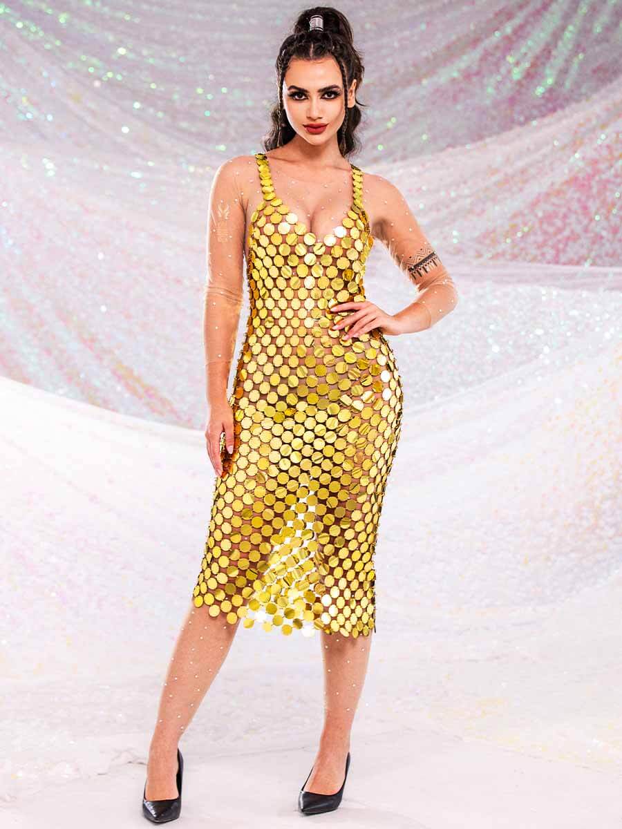Shimmering Gold Sequin Midi Dress (Backless)