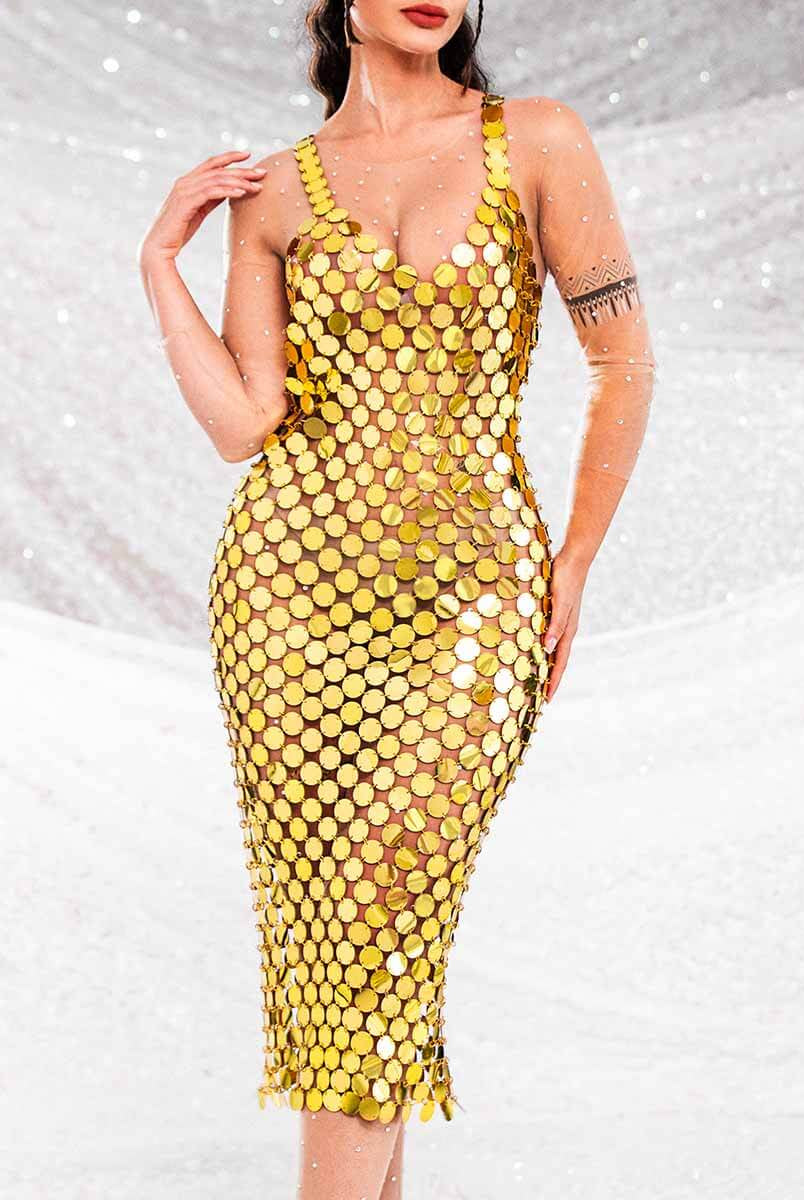 Elegant Gold Sequin Midi Dress (Backless)