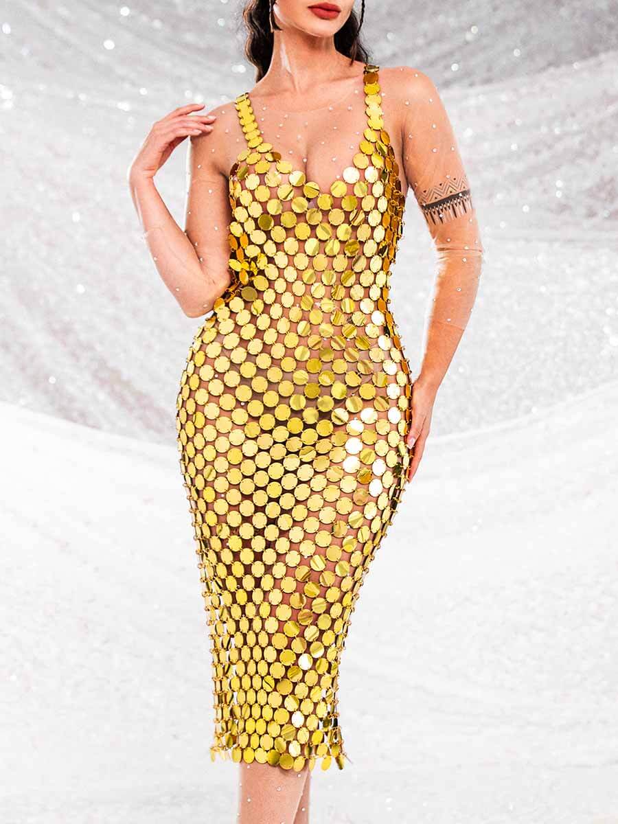 Elegant Gold Sequin Midi Dress (Backless)