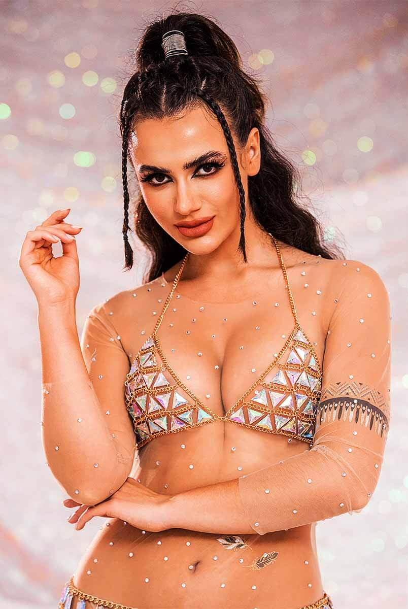 Rhinestone Chain Bra - V-Neck Halter Crystal Bra Top