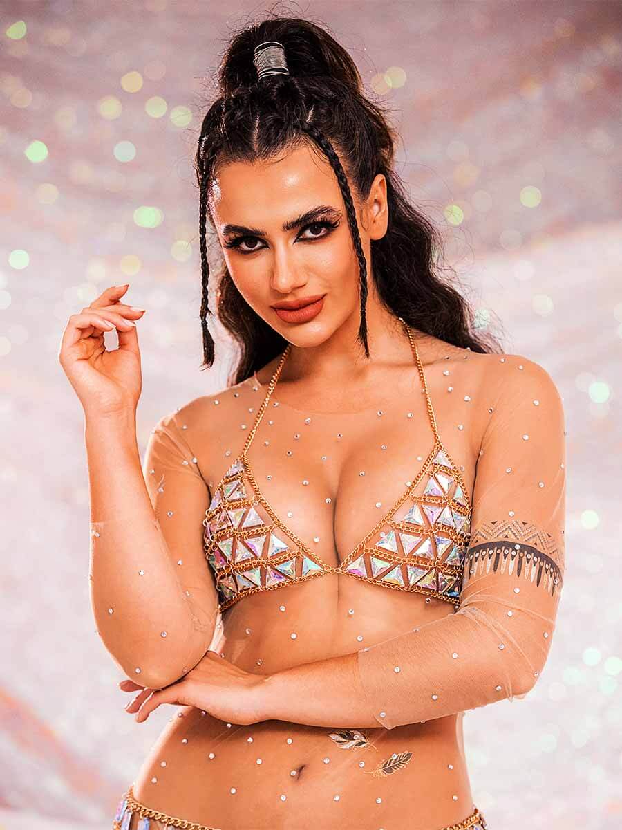 Rhinestone Chain Bra - V-Neck Halter Crystal Bra Top