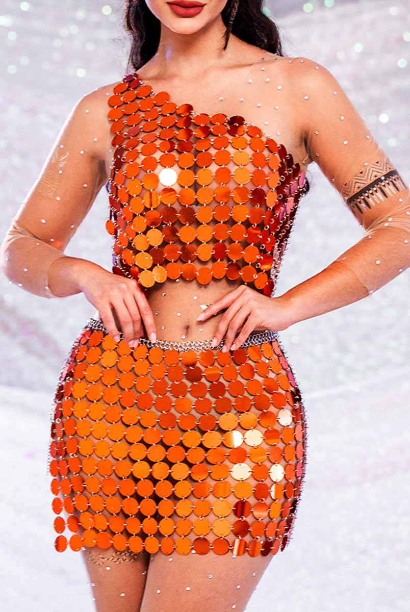 Orange sequin two piece set