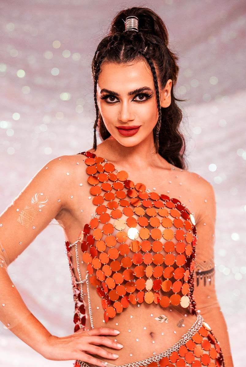 Orange Sequin Two Piece Set - One Shoulder Top & Skirt
