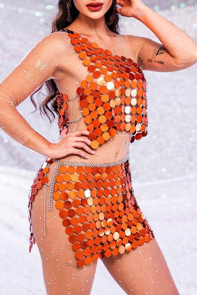 sparkly two piece set - orange sequin top & orange sequin skirt