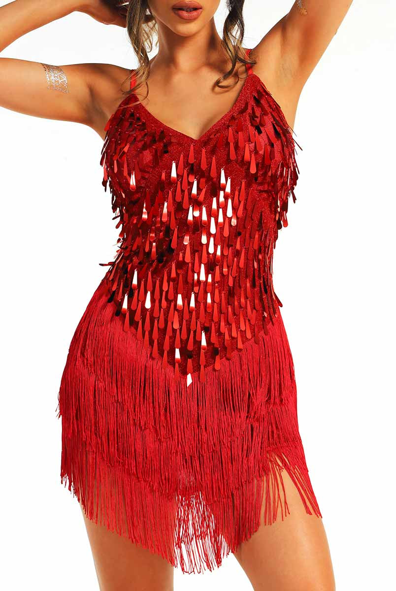 Red Sequin Fringe Spaghetti Strap Dress