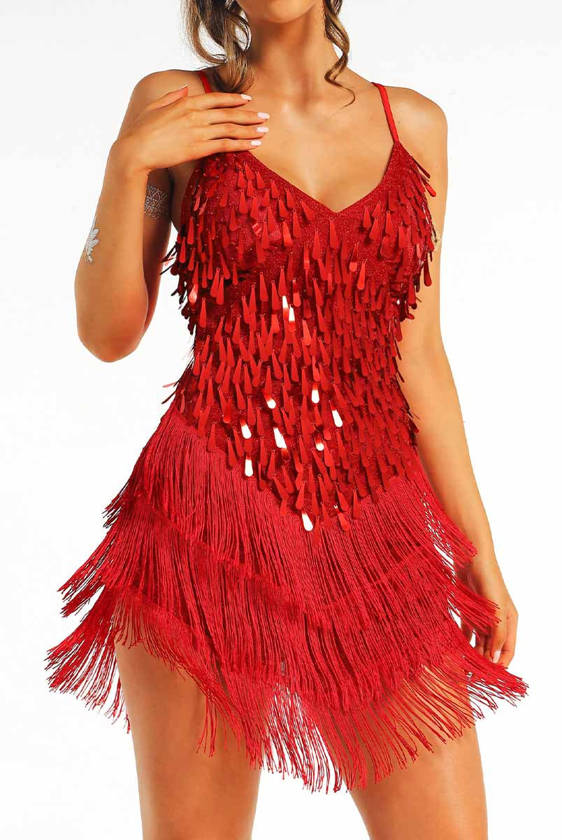 Red Sequin Fringe Dress