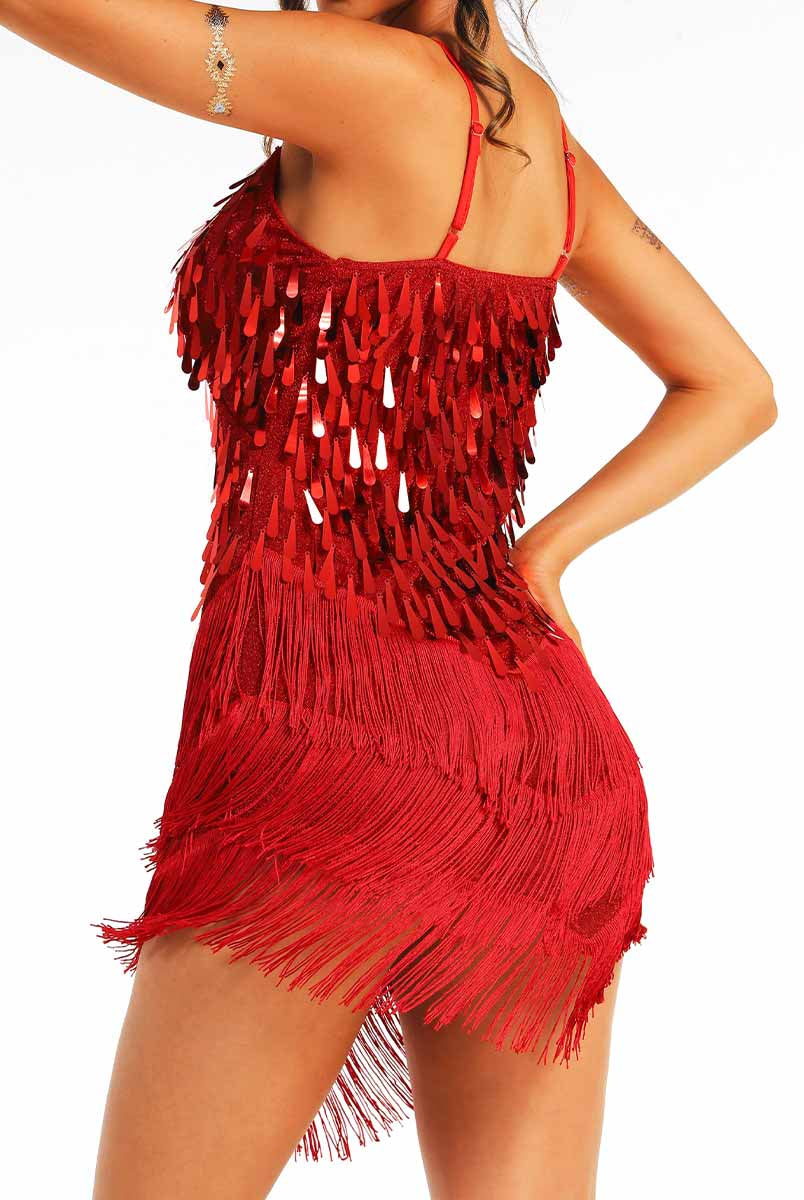 red sparkly fringe slip dress