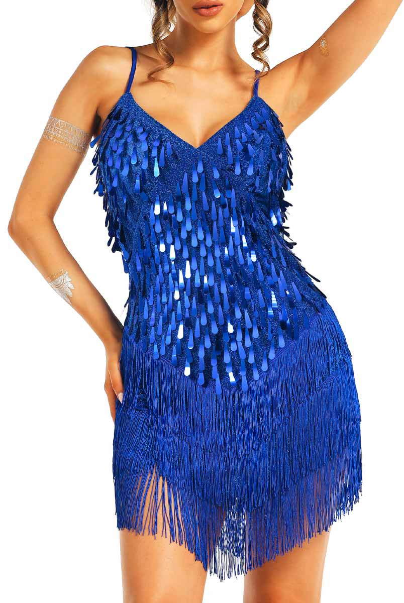 slim-fitting blue sparkly fringe suspender dress