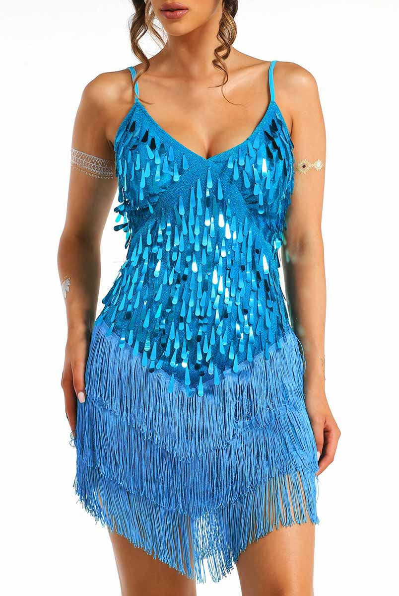 thin strap blue sequin tassel dress