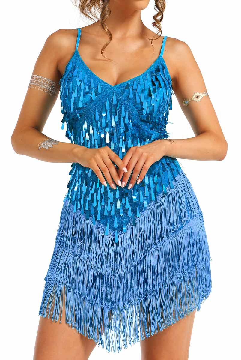 thin strap blue sequin fringe dress