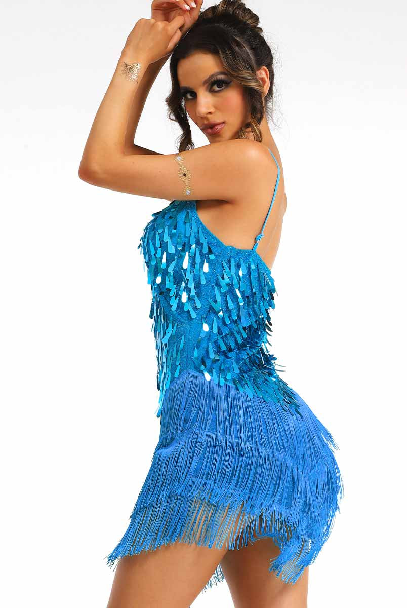 thin strap blue sparkly fringe dress