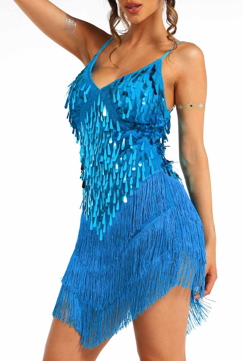 blue sparkly fringe dress