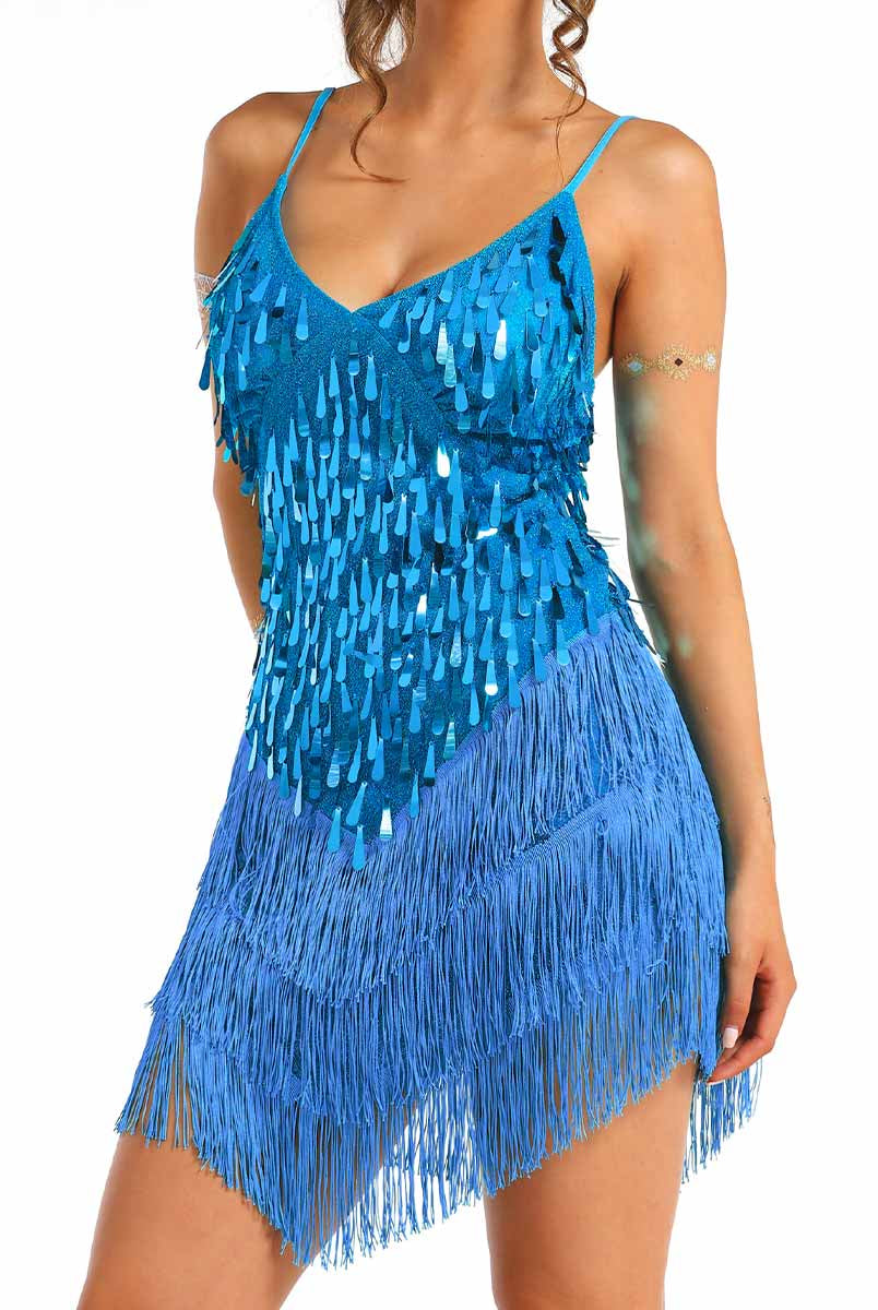 blue sequin fringe dress