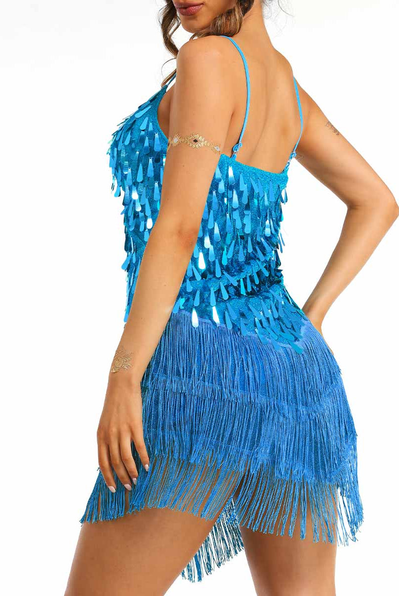 blue sequin fringe slip dress