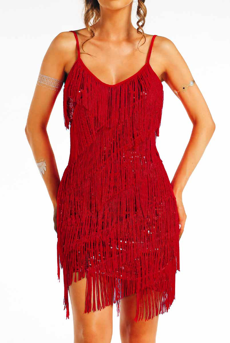 bohemian red sequin tassel dress