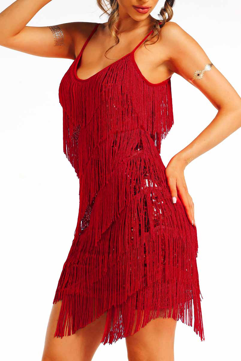 bohemian red sparkly tassel dress