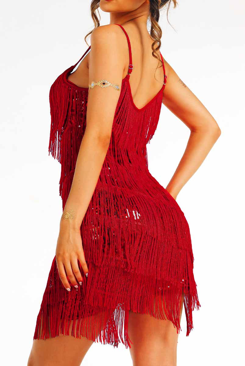bohemian red sparkly fringe slip dress