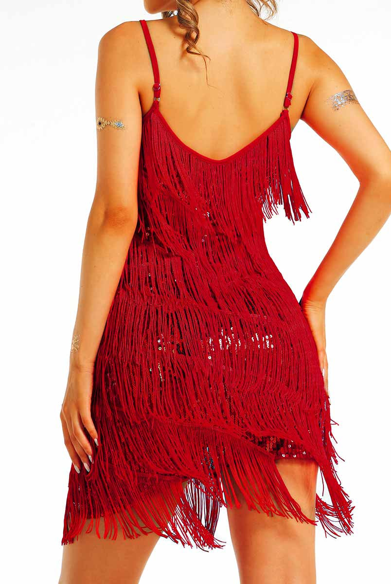 slim fit bohemian red sparkly tassel slip dress