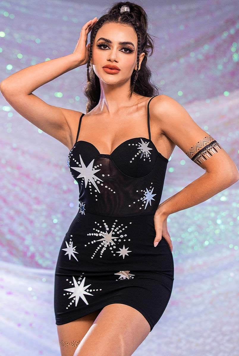 Black Sequin Star Rhinestone Dress
