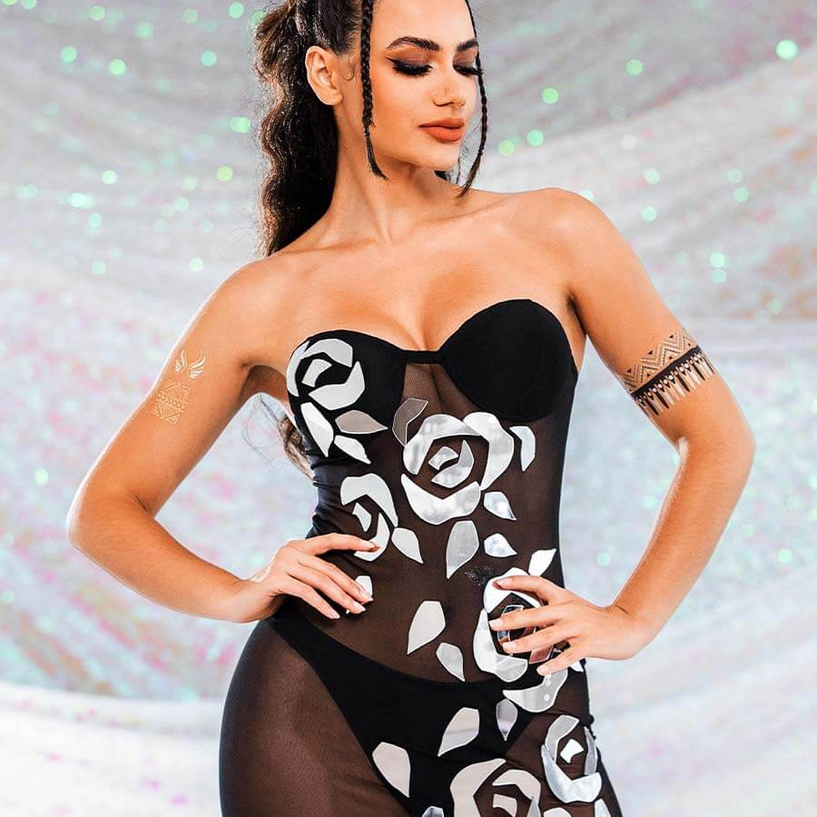 black strapless sequin dress