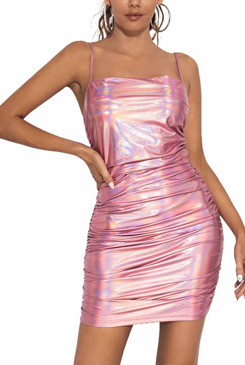 Reflective Metallic Pink Slip Dress