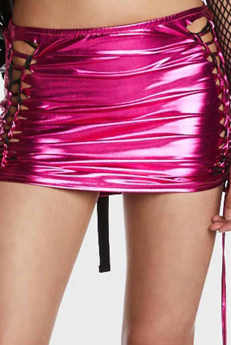 pink reflective bodycon mini skirt