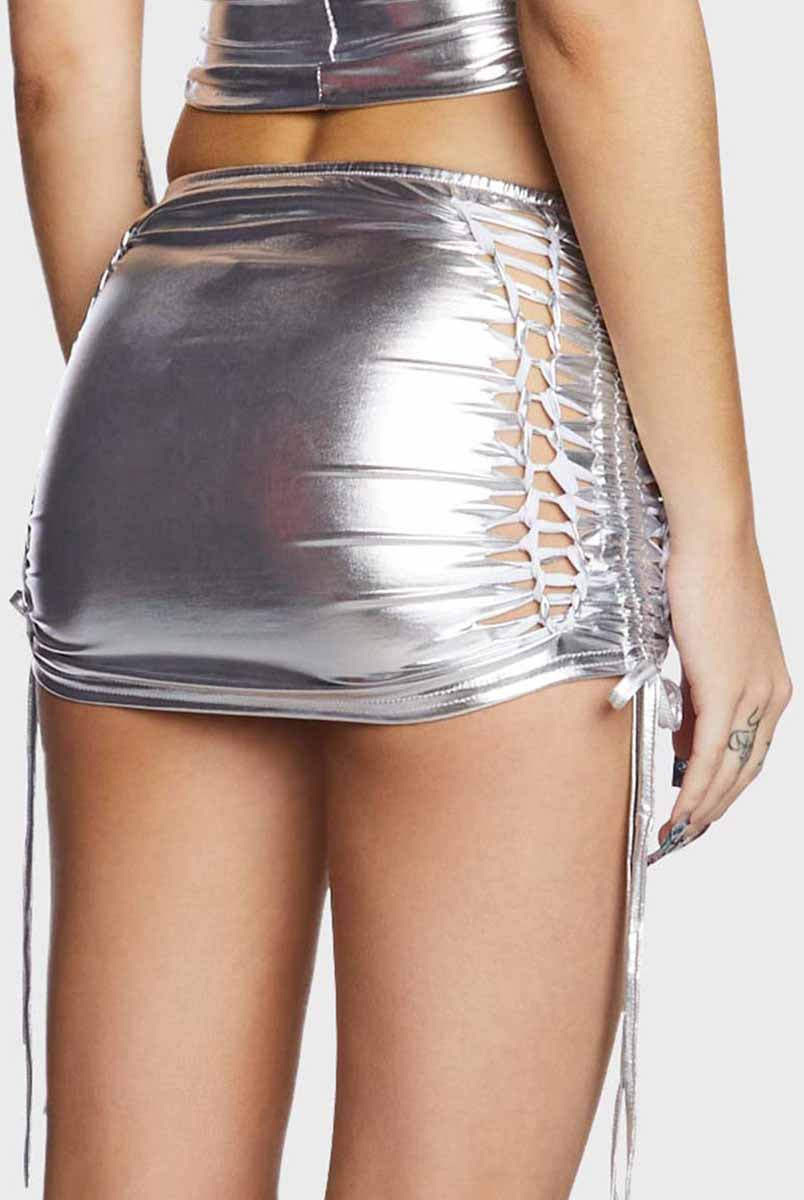 silver reflective bodycon mini skirt