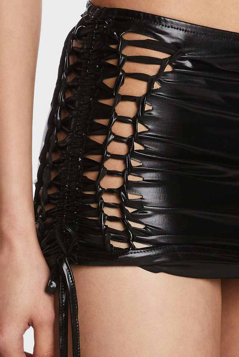 black reflective tight mini skirt