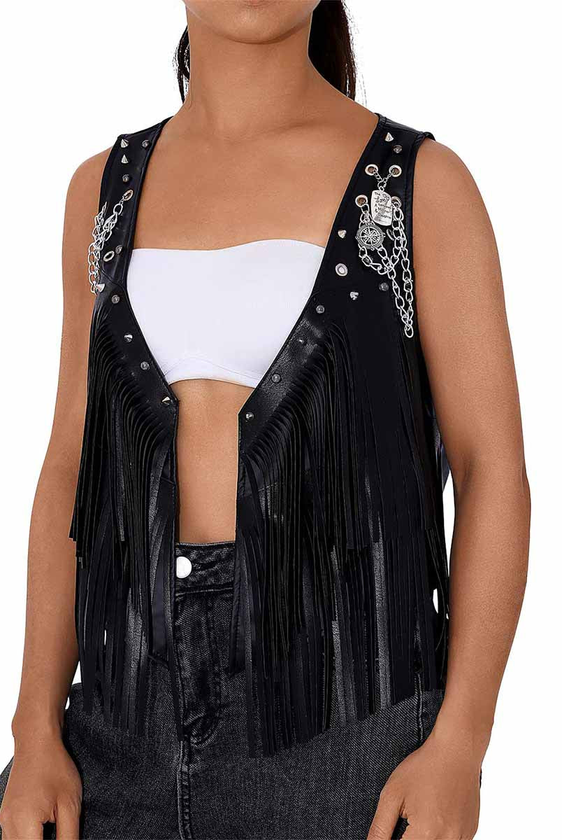 Black Leather Fringe Reflective Vest