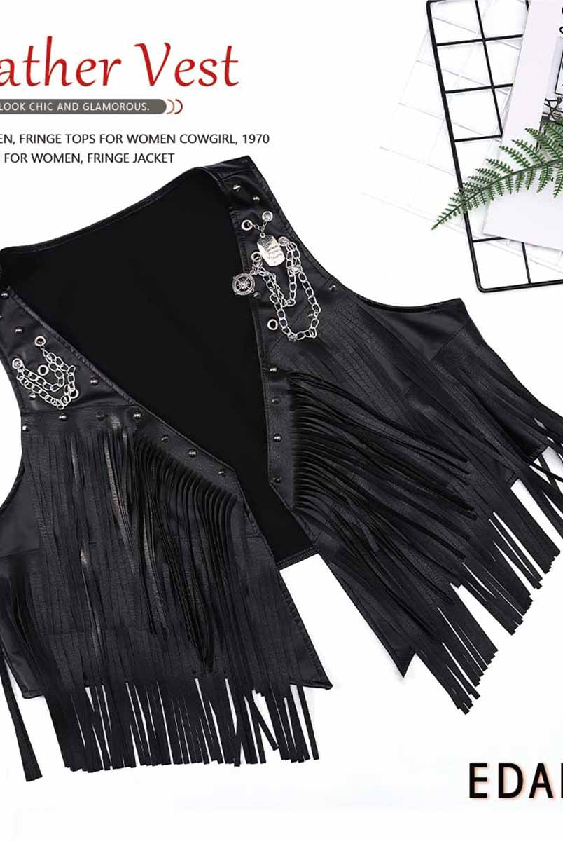 Reflective Black Leather Vest with Fringe