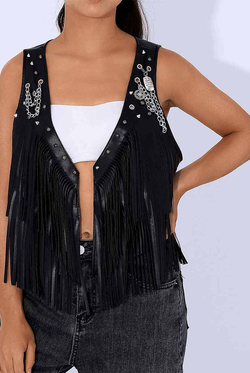 Shiny Black Leather Fringe Vest