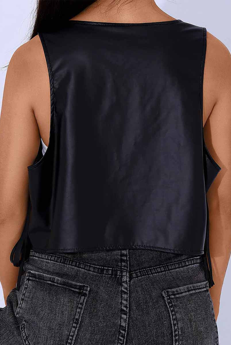 Fringe Trim Reflective Black Leather Vest