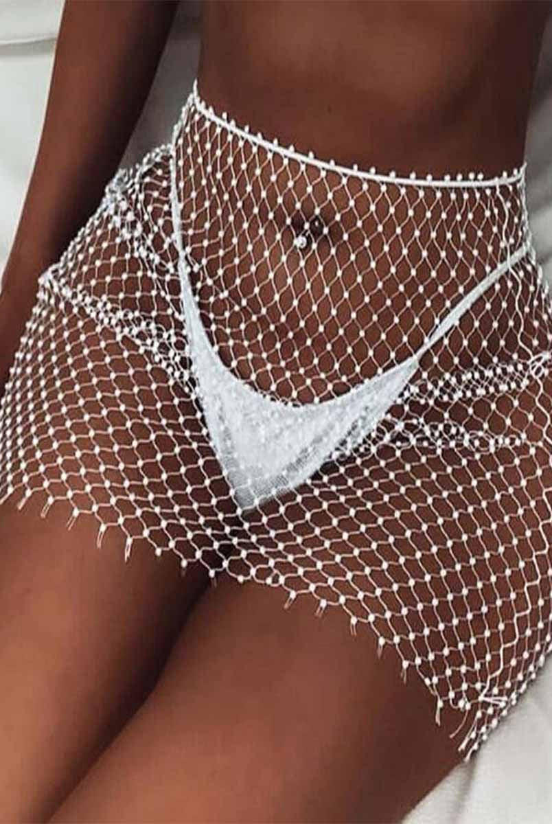 Rhinestone White Mesh Skirt