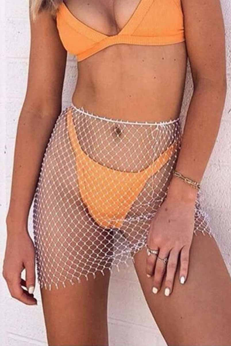 Rhinestone Embellished White Mesh Skirt