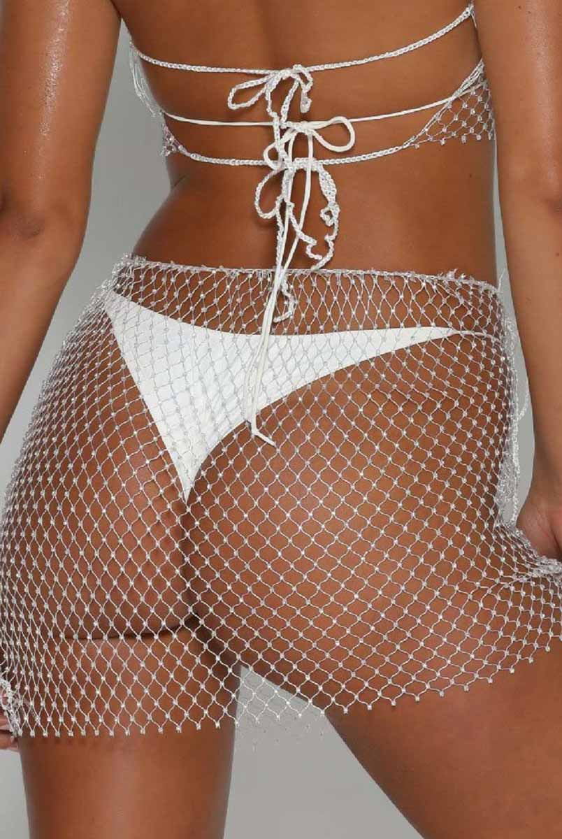 White Rhinestone-Adorned Mesh Skirt