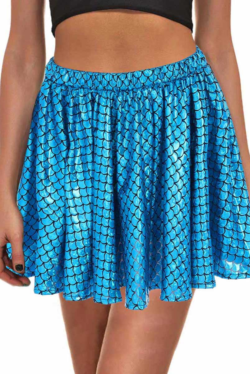 Blue Metallic Fish Scale Mini Skirt