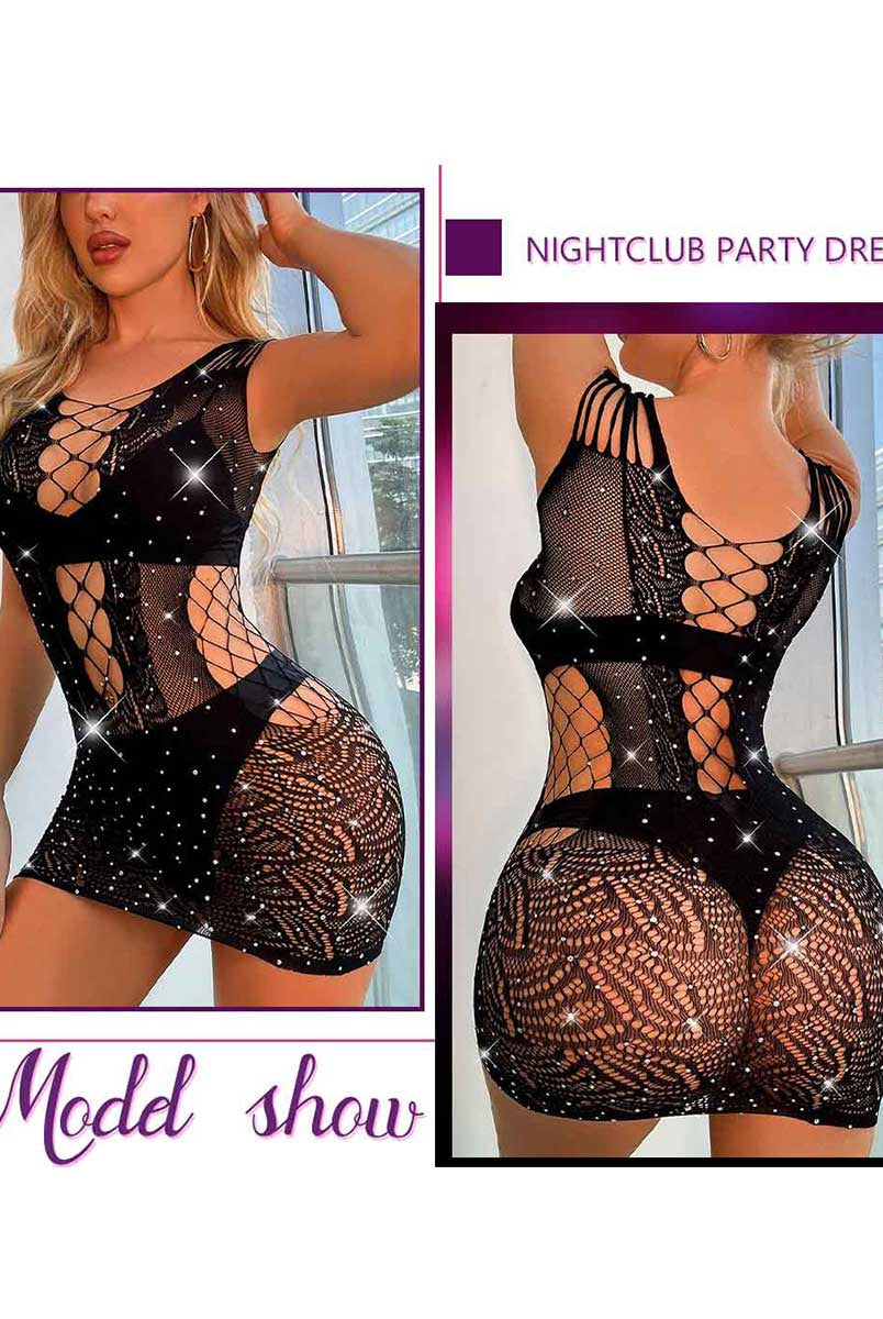 Black Mesh Lace Mini Dress with Rhinestones