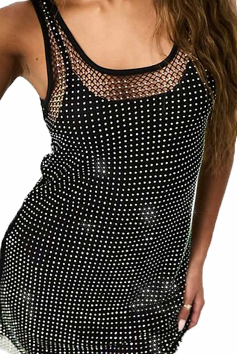 Crystal-Embellished Black Mesh Dress