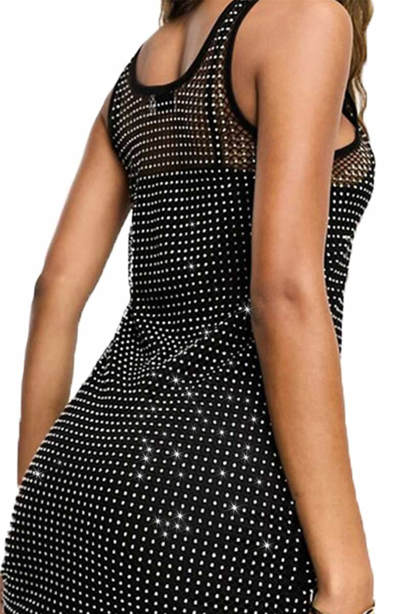 Shimmering Crystal-Adorned Black Mini Dress