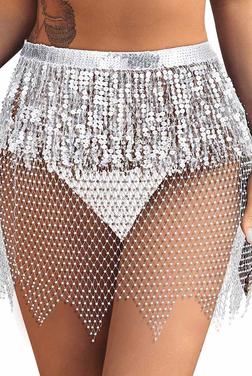 Silver Sequin Tasseled Rhinestone Fishnet Skirt