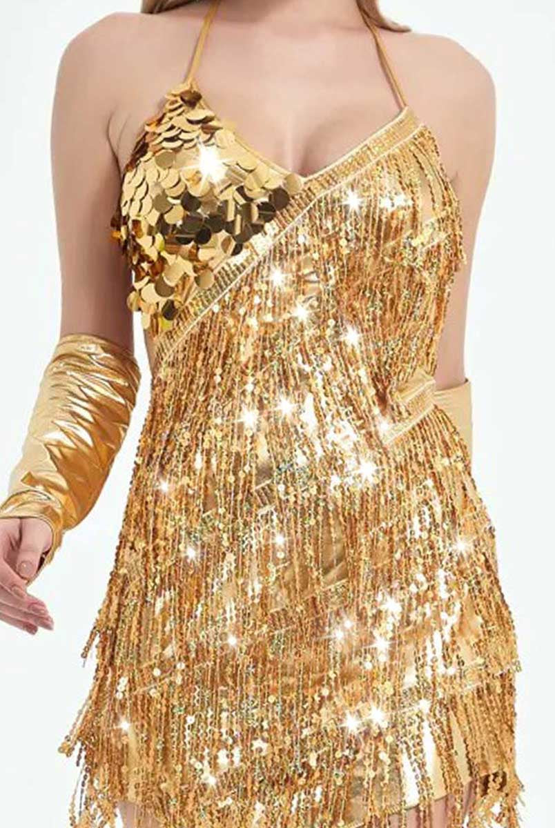 Asymmetric Gold Sequin Fringe Dress with Oversleeves