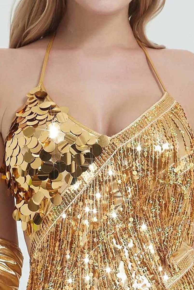 Golden Asymmetrical Sequin Dress with Fringe and Sleeve Cuffs