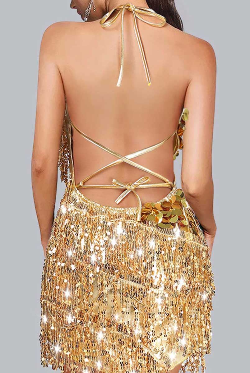 Asymmetrical Metallic Gold Sequin Dress with Sleeve Accents