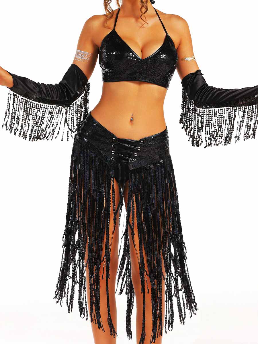 Black Sequin Fringe Set with Sleeves