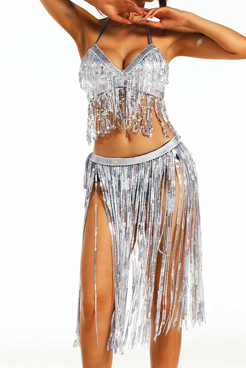 Sparkly Silver Fringe Two-Piece Outfit