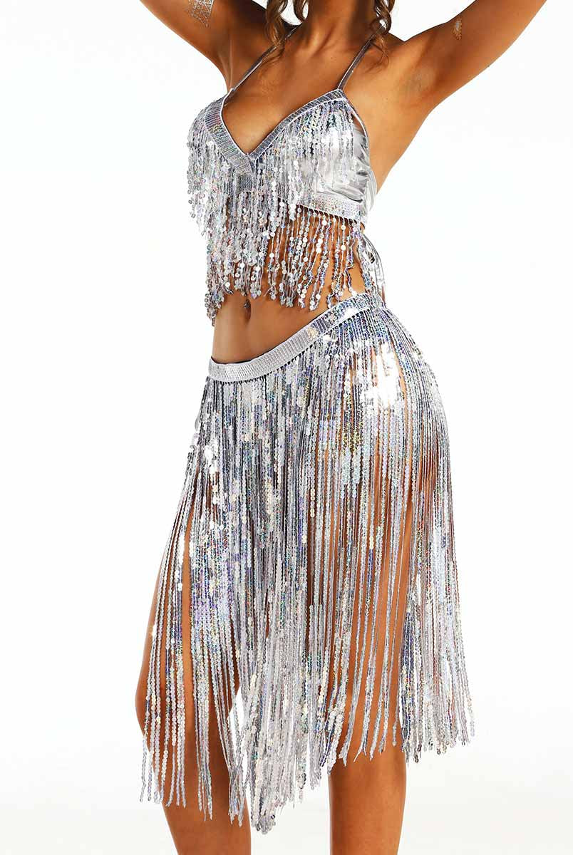 Silver Sequin Crop Top and Skirt Set