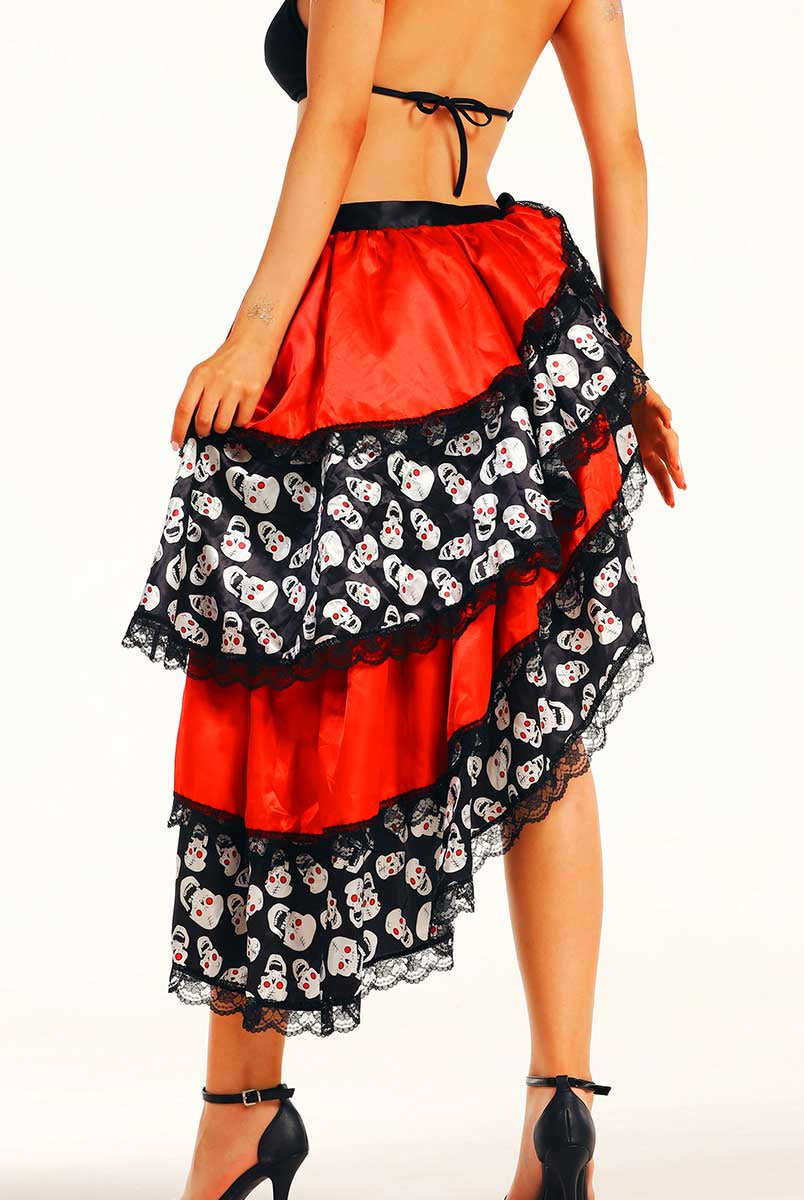 Skull Print Red and Black Side Slit Skirt