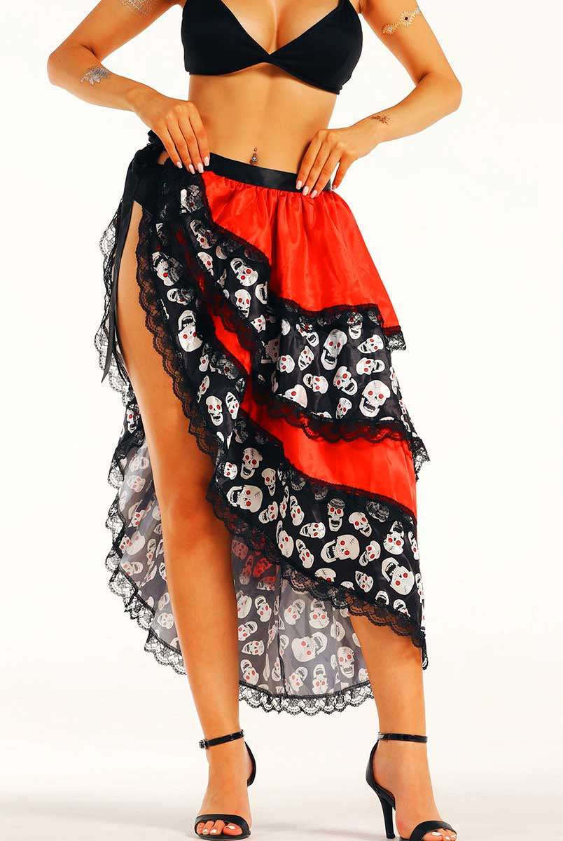 Red and Black Asymmetrical Slit Skirt with Skull Design
